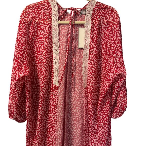 Jen & Co. Red & White Open Front Kimono With Lace Trim one Size - Picture 7 of 12